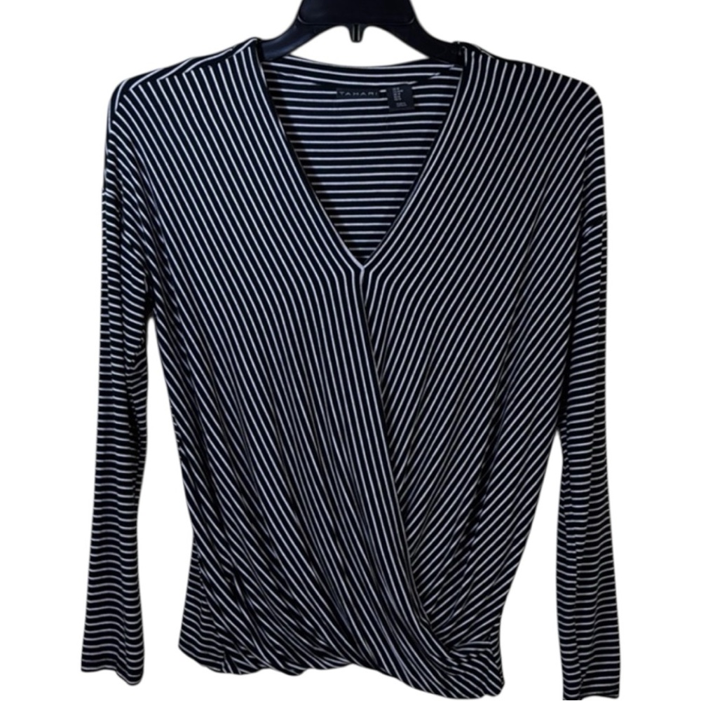 Tahari Top‎ Black/White Striped Faux Wrap in Size M GUC